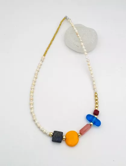 Murano Cam Boncuk Lapis Lazuli Mercan Inci Kolye