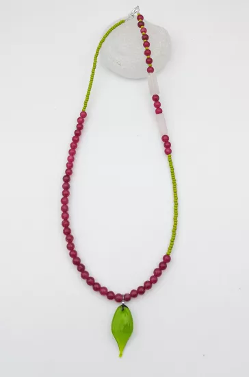 Murano Yeşil Yaprak Pembe Kuvars Kolye